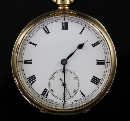 A George V 9ct gold open face keyless lever pocket watch, with Roman dial and subsidiary seconds, together with a 9ct gold albert.
